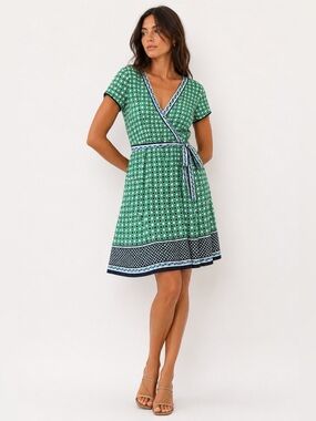 Max Studio Green Geometric Print Wrap Mini Dress S Boho Resort